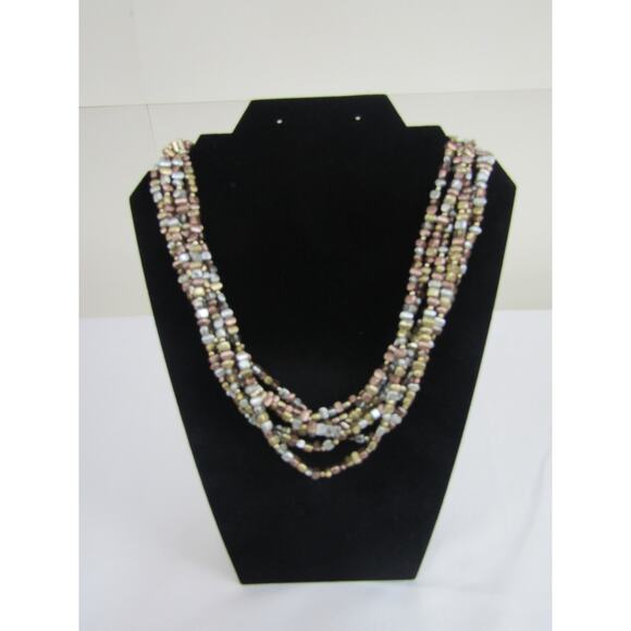 Brown Silver Multi Strand Beaded Necklace Boho Cottagecore Collar Choker Chic - Picture 1 of 7